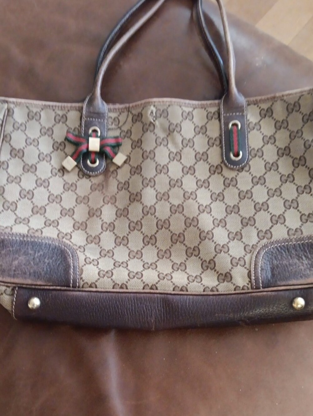 Gucci Beige GG Canvas Tote with Dark Brown Leather and Green-Red Web - Picture 3 of 15